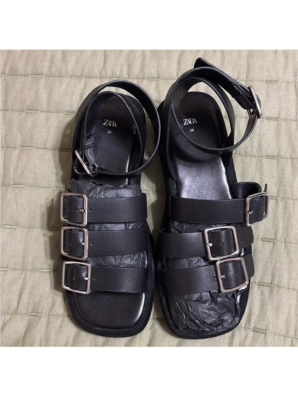Women’s Zara Black Triple-Strap Buckle Ankle Platform Sandals size 7.5 like new